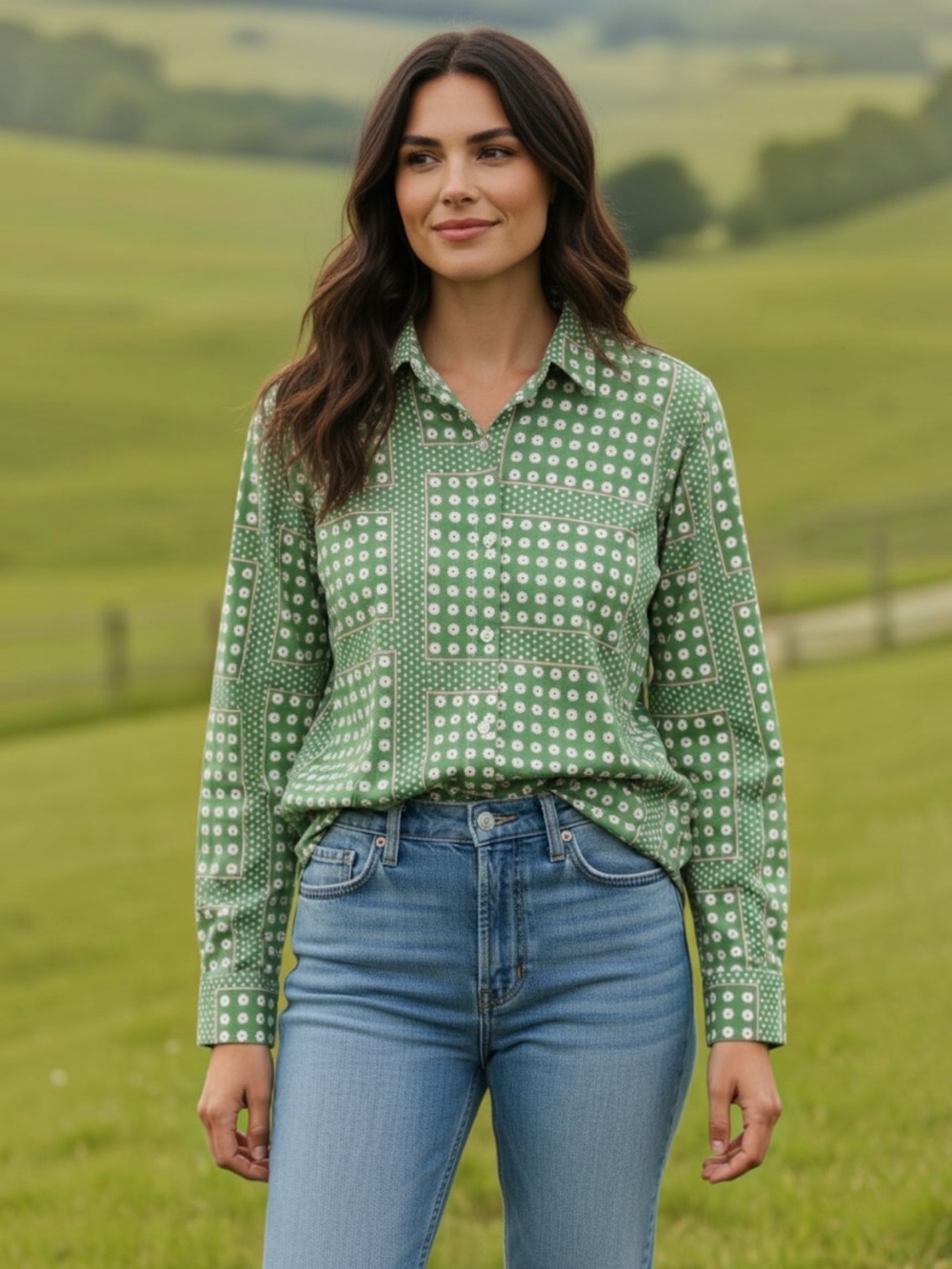 SSLR Green Flower Geo-Print Button-Down Shirt